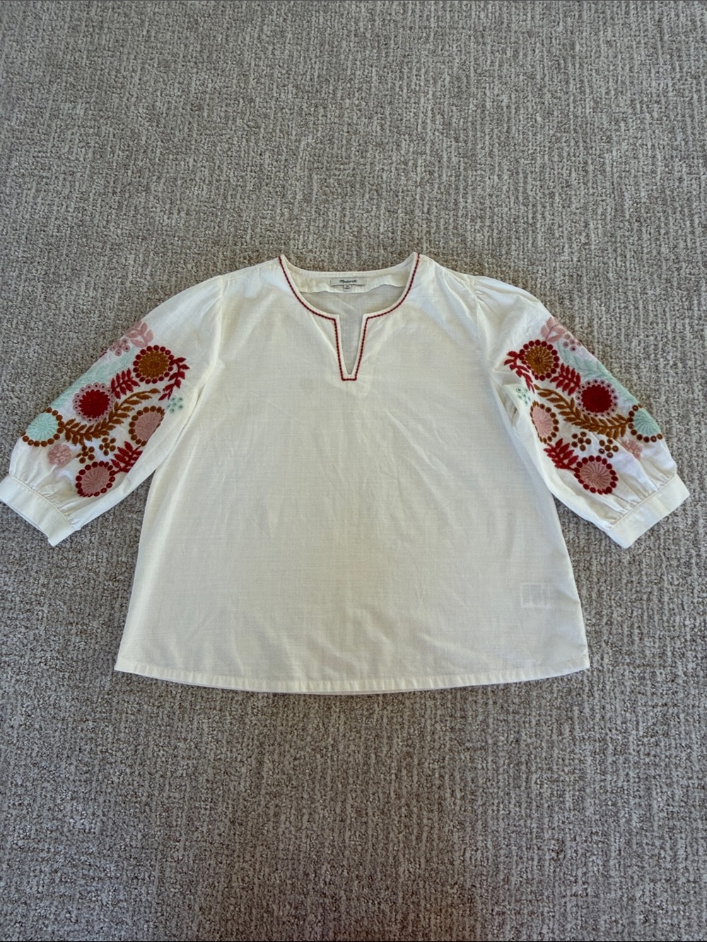Madewell Embroidered Peasant Blouse with Colorful Floral Sleeves